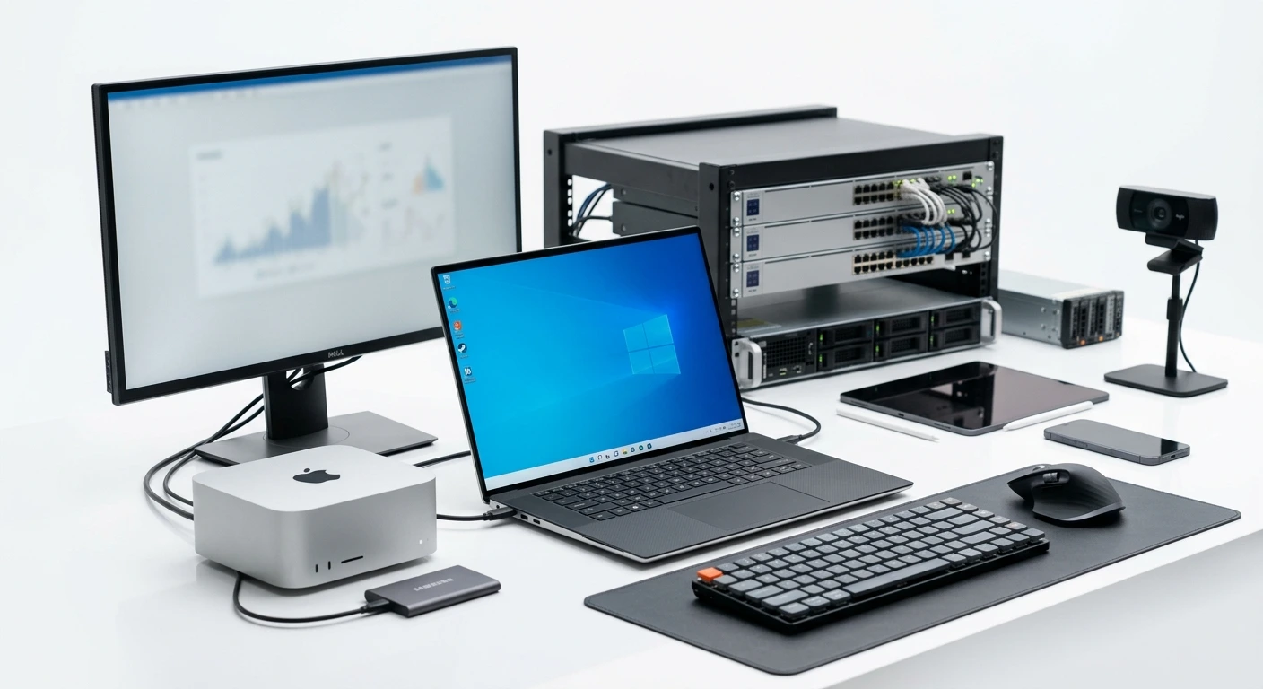 IT & Computing product lines.
White #fff background. No text. Free text. 
Generate a Hyper-realistic, highly detailed, professional corporate, 85mm lens photograph.
