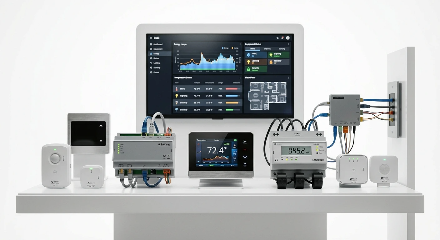 Building Automation & Energy product lines.
White #fff background. No text. Free text. 
Generate a Hyper-realistic, highly detailed, professional corporate, 85mm lens photograph.