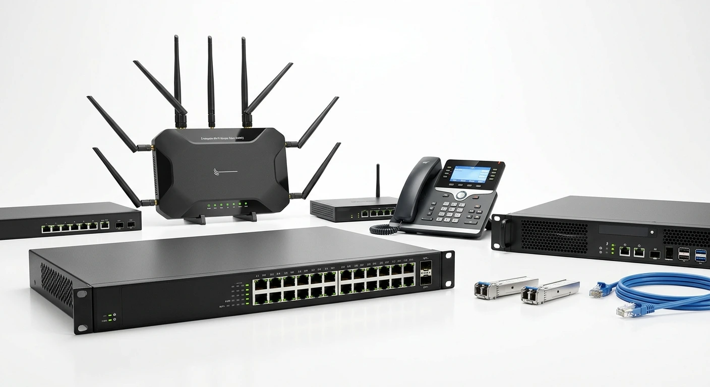 Network & Communication product lines.
White #fff background. No text. Free text. 
Generate a Hyper-realistic, highly detailed, professional corporate, 85mm lens photograph.