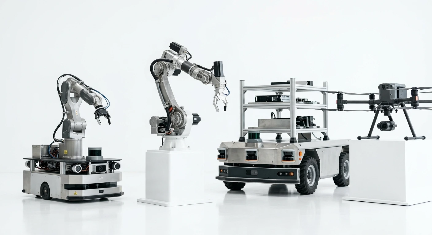 Robotics & Autonomous Systems product lines.
White #fff background. No text. Free text. 
Generate a Hyper-realistic, highly detailed, professional corporate, 85mm lens photograph.
