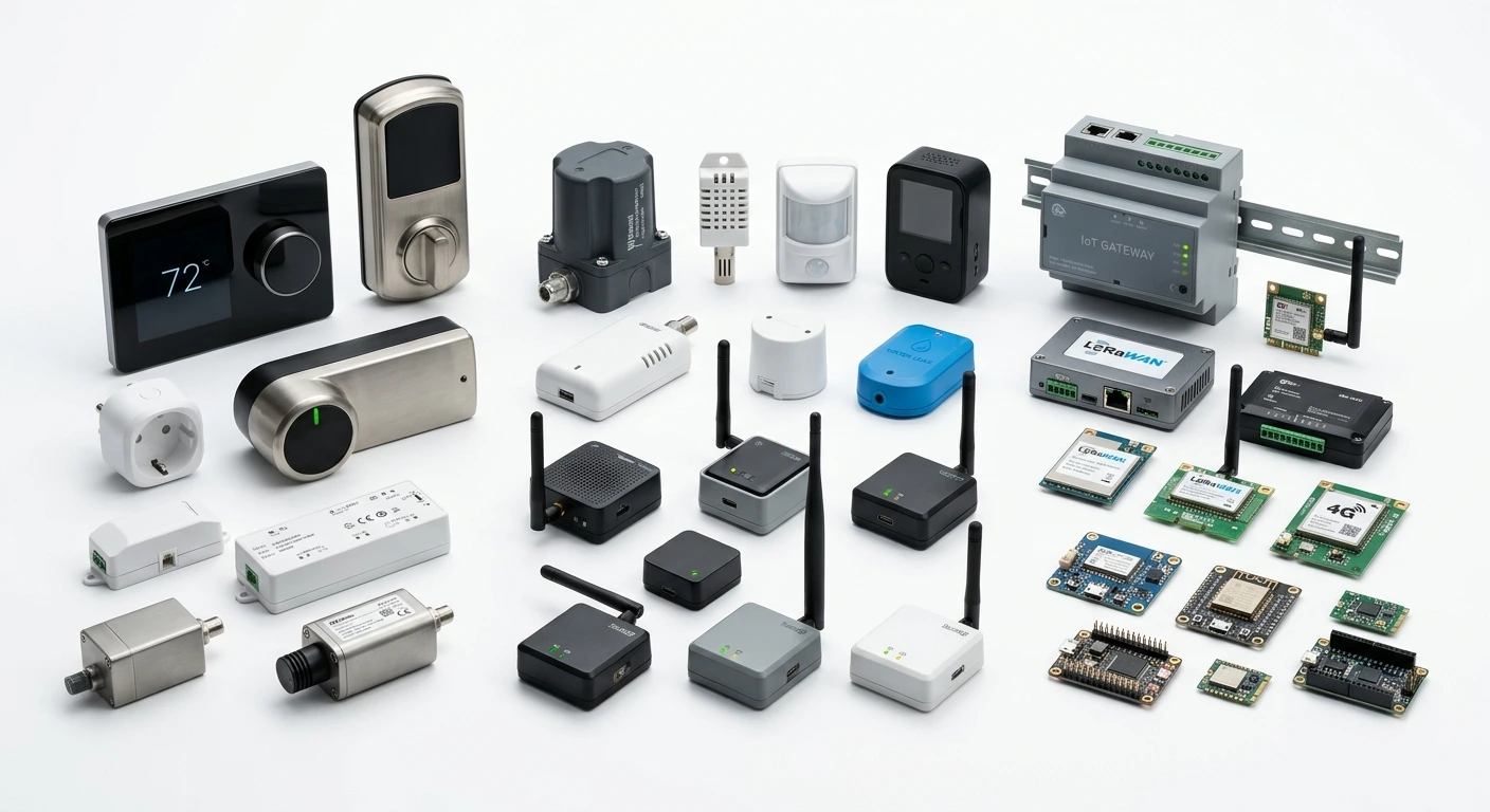 IoT Sensors & Connected Devices product lines.
White #fff background. No text. Free text. 
Generate a Hyper-realistic, highly detailed, professional corporate, 85mm lens photograph.