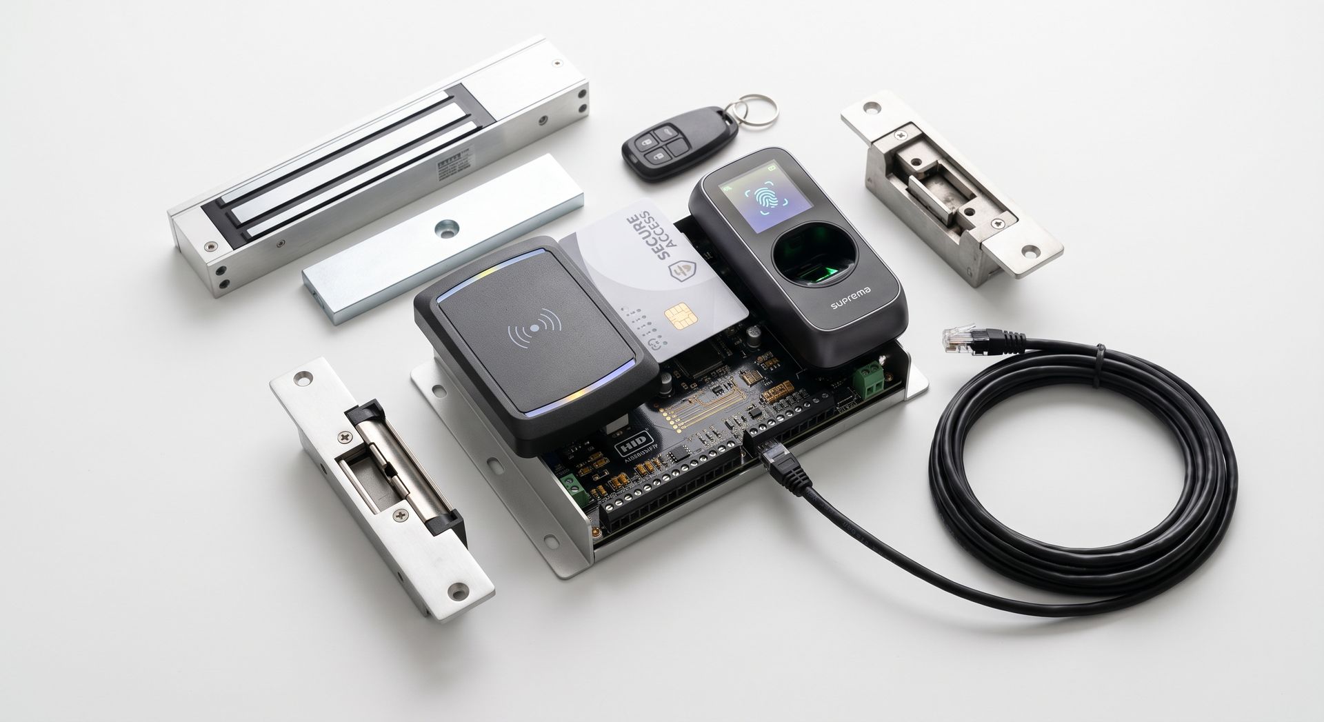 Security & Access Control product lines.
White #fff background. No text. Free text. 
Generate a Hyper-realistic, highly detailed, professional corporate, 85mm lens photograph.