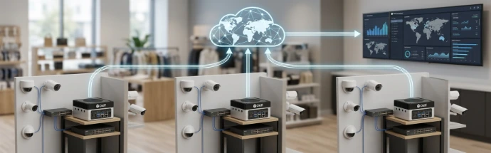 "Multi-Site Retail Estate.
Deploy a dedicated appliance to each physical store location. Existing cameras connect directly via local network switches. The appliance processes all concealment and POS exception analytics locally, routing only lightweight, encrypted alert telemetry back to a unified global corporate dashboard."
Okiff is offering a Smart VMS in a Small Appliance.
Represent this section of the website.
Hyper-realistic, highly detailed, professional corporate, 85mm lens photograph.
Text-free. No text. Okiff Logo Attached. Appliance photo attached.