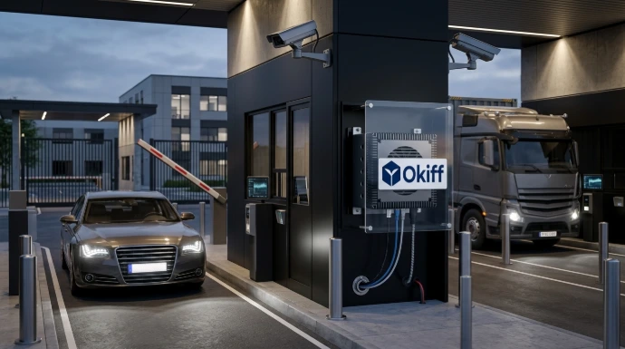 "High-Security Facility Access Control
Integrate the appliance directly into parking terminals, shipping bays, or secure entrances to run automated, multi-lane licence plate recognition (ANPR). Cross-reference plates with local databases on-premise to trigger physical barrier lifts with zero cloud round-trip dependencies."

Okiff is offering a Smart VMS in a Small Appliance.
Represent this section of the website.
Hyper-realistic, highly detailed, professional corporate, 85mm lens photograph.
Text-free. No text. Okiff Logo Attached. Appliance photo attached. It has 2 network plugs.