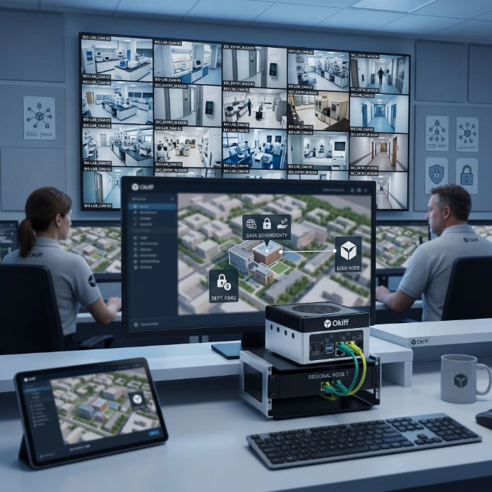 "Decentralized Smart Campus.
Install individual appliances inside separate academic buildings or laboratories to maintain strict regional data sovereignty and department-level role-based access control (RBAC). Connect localized physical security components, such as access control points, back into a single edge node."

Okiff is offering a Smart VMS in a Small Appliance.
Represent this section of the website.
Hyper-realistic, highly detailed, professional corporate, 85mm lens photograph.
Text-free. No text. Okiff Logo Attached. Appliance photo attached. It has 2 network plugs.